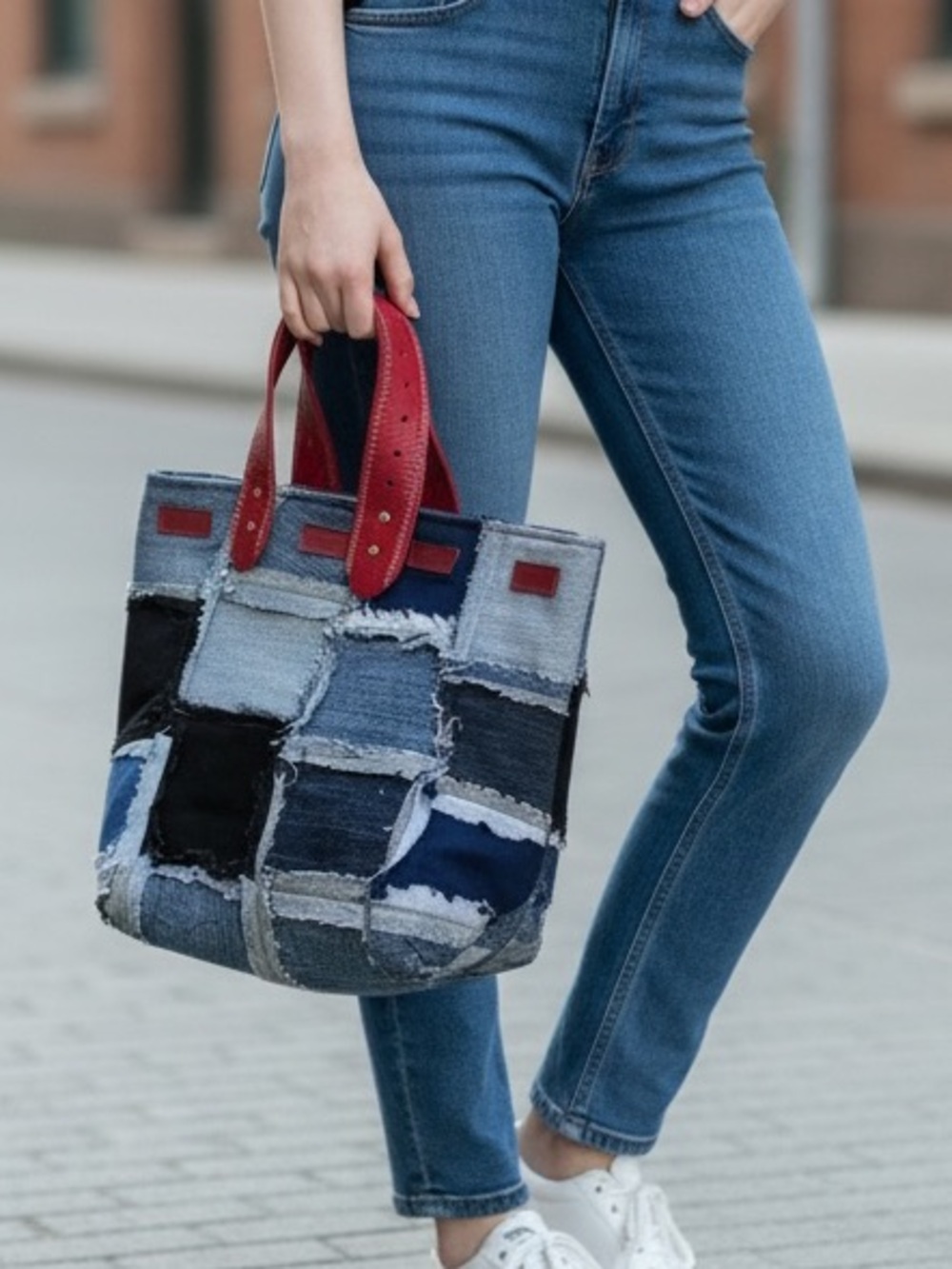 Patchwork Denim Tote Bag with Red Leather Handles